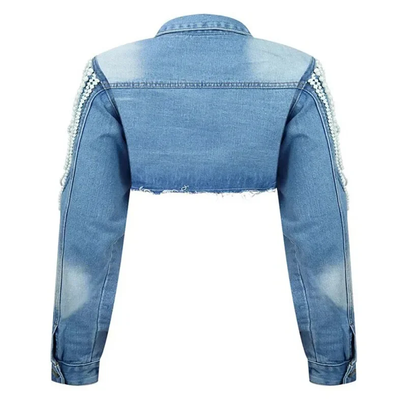 Autumn New Fashion Women's Pearl Chain Handmade Bead Denim Jacket Single-breasted Short Coat Female Trendy