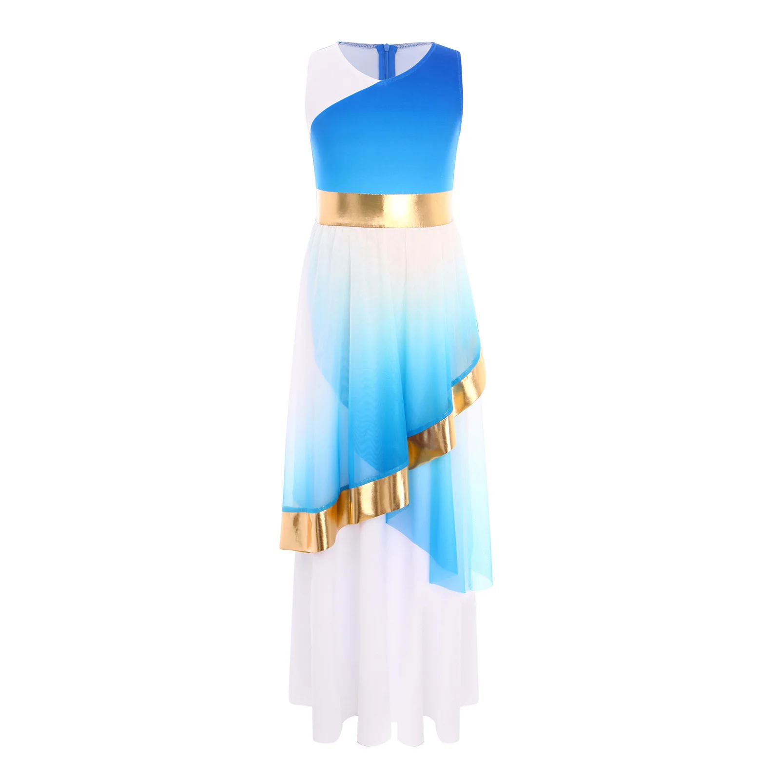 Girls Liturgical Praise Dance Dress Choir Worship Dress Gradient Color Sleeveless Metallic Irregular Mesh Lyrical Dance Costumes