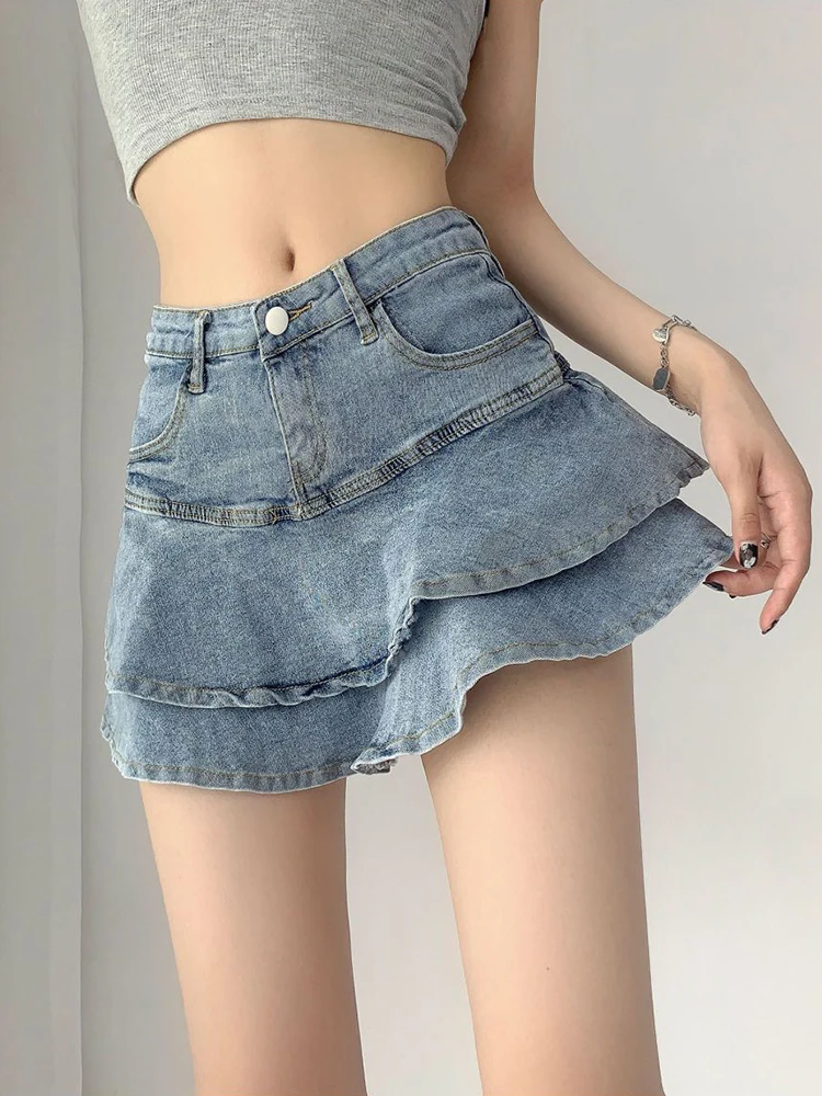 

Spicy Girl Cowboy Half Skirt Women's Summer New High Waist Slimming A-line Short Skirt Pants Ruffle Edge Wrapped Hip Skirt 2024