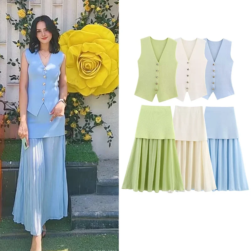 

Women's Sets Summer 2025 New Suits Fashion Slim V-neck Knit Tops Elegant Skirts Sets Street Chic Travel Youth 2-piece Set
