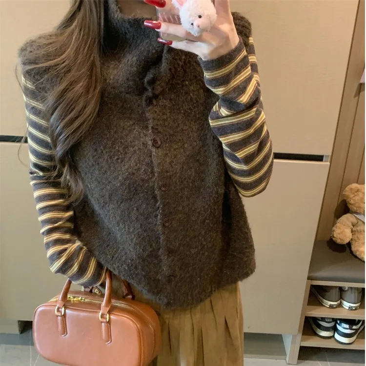 

Women's Knitted High Collar Vest Casual Single Row Faionable Top for Autumn Winter Commute Sle Long Sve Chinese Origin