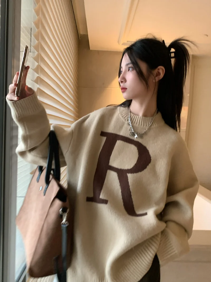 Nomikuma Pull Femme Korean Letter R O-neck Sweaters Thick Causal Pullover Knitted Tops 2023 Autumn Winter New Women Knitwear