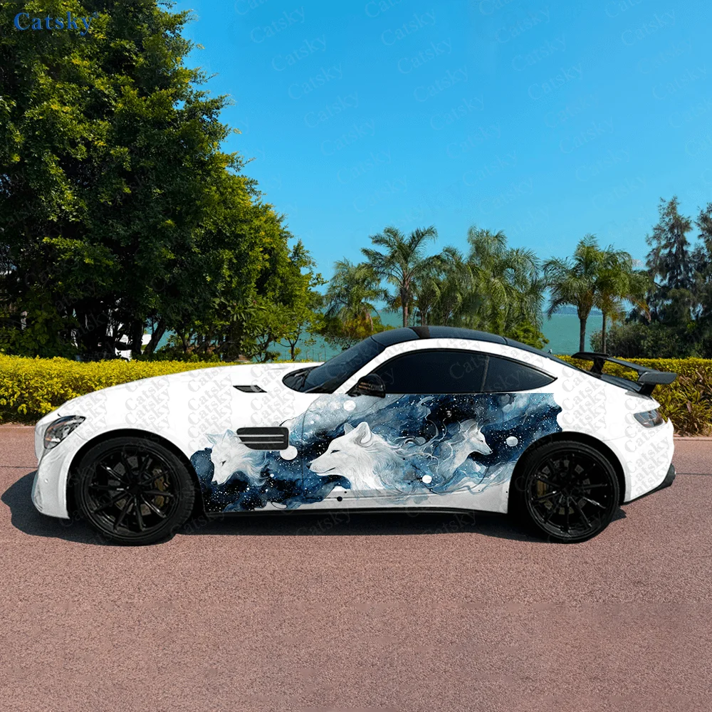 

Звездное небо, белый волк, автомобильные виниловые наклейки, самоклеящаяся наклейка из ПВХ, подходит для грузовиков, внедорожников, украшения, автоаксессуары, подарок