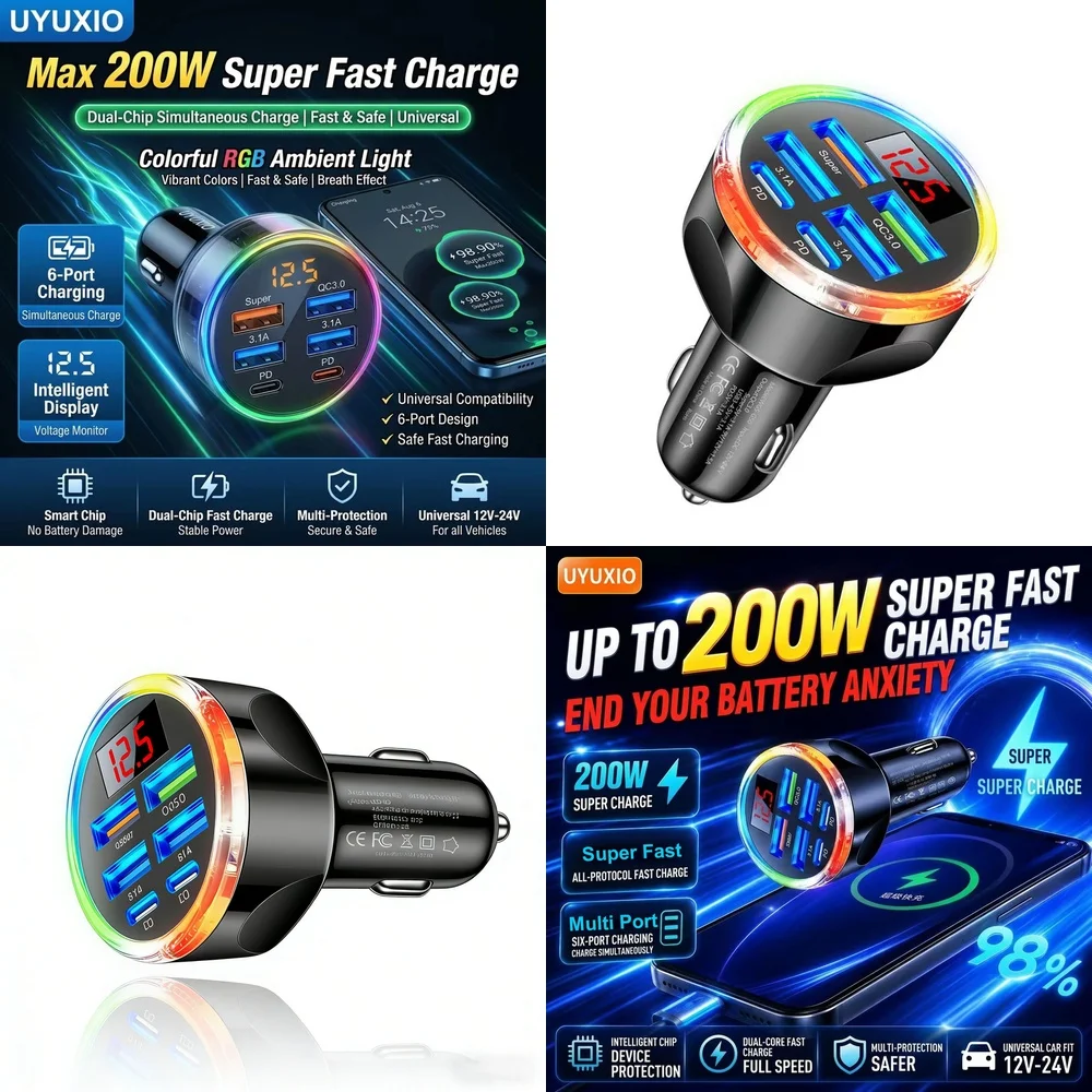 Universal Multi Port Car Charger Trending for iPhone 18 17 16 Samsung S26 S25 S24 with RGB Light Real Time Digital Voltage Hub