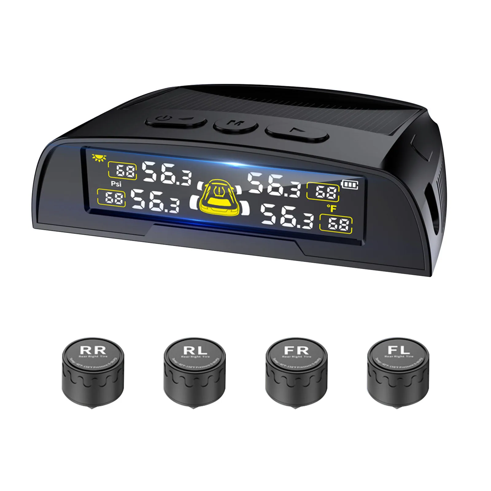 Tire Pressures Monitor with 4 Sensors Wireless TPMS with Solar Charge and USB IPX7 Waterproof for Cars SUVs & Light Trucks