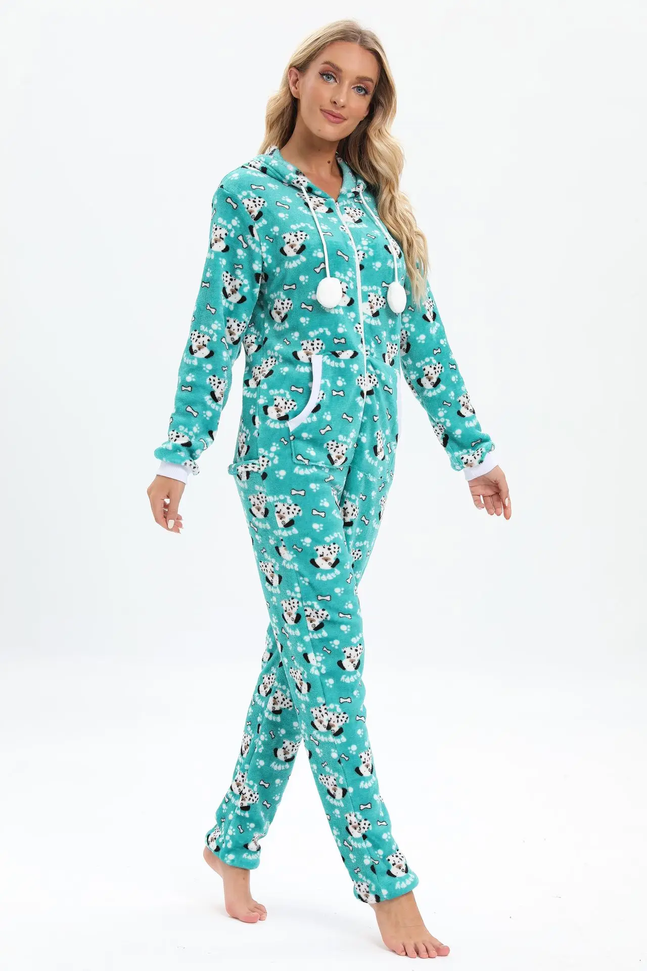 Winter Zipper Onesies Adults Green Cute Dog Print Pajamas Warm Sleepwear Onepiece Flannel Jumpsuit Cosplay Costumes