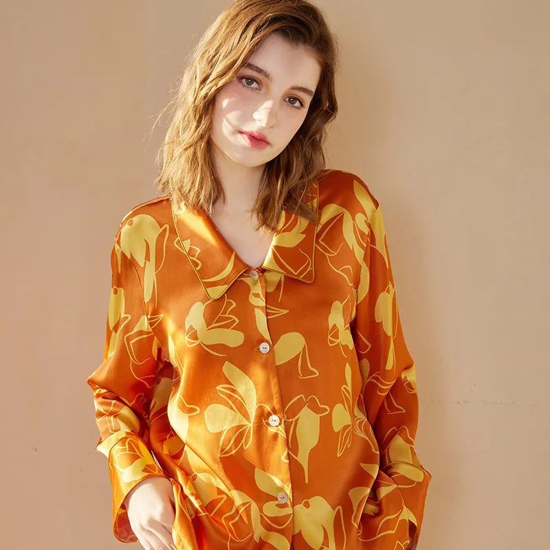 Orange Print Long Sleeve Pants 100% Silk Pajamas Set Women's Fashion Comfortable Mulberry Silk Loungewear Homewear Sleepwear PJ