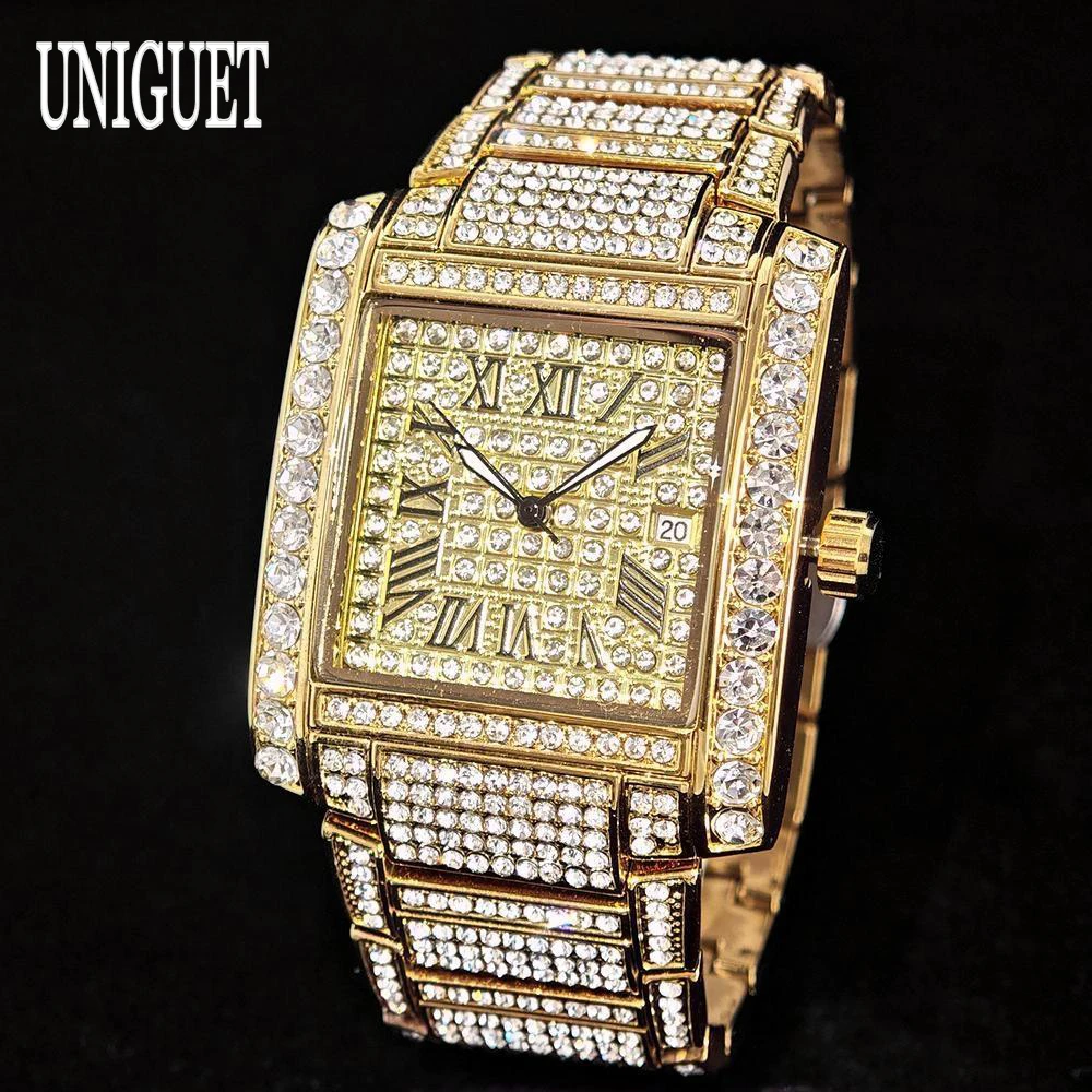

Модные ледяные часы для мужчин, брендовые UNIGUET, роскошные кварцевые часы из нержавеющей стали, мужские наручные часы в стиле хип-хоп с бриллиантами, римские буквальные квадратные наручные часы