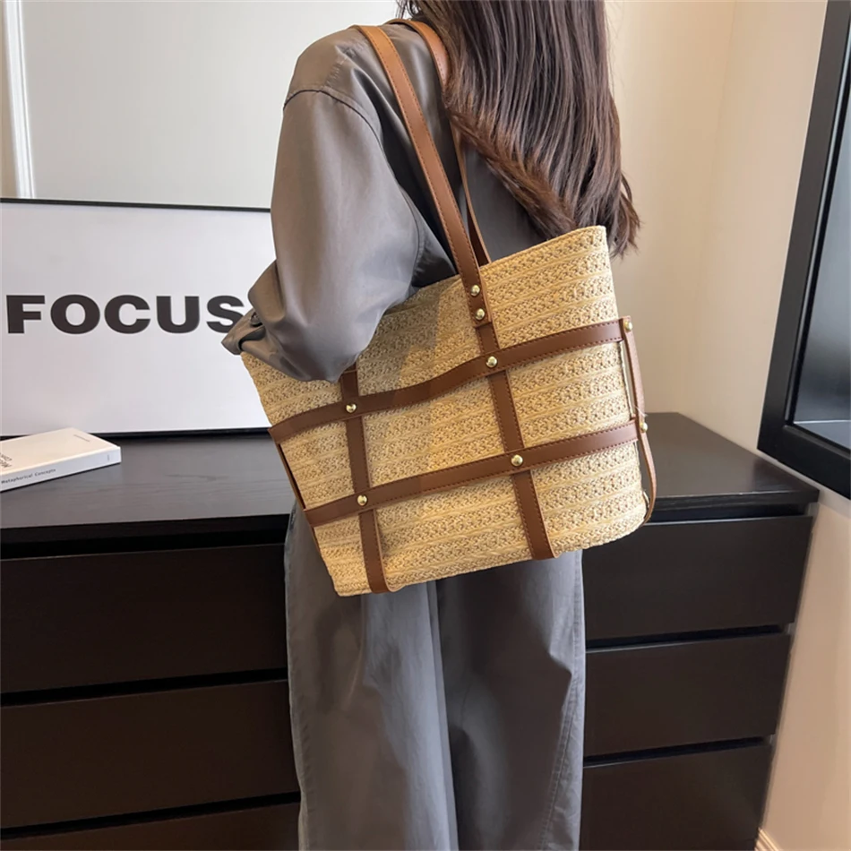 Brand Large Capacity Weave Straw Shoulder Bags for Women Casual Tote Bag Luxury Travel Shopper Beach Bag Handmade Handbags