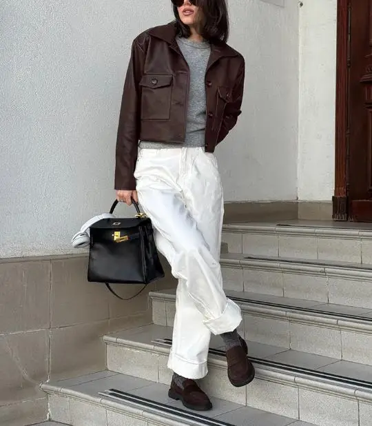 

Women's Jacket Autumn 2025 New Motorcycle Style Trendy and Fashionable Lapel Long Sleeved Slim Fit Leather Jacket for Women