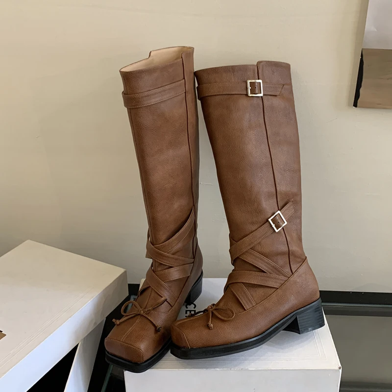 Eilyken Fashion Butterfly-kont Narrow Band Buckle Women Knee-High Boots Autumn Winter Square Toe Low Heels Shoes Booties