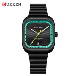 CURREN 8460 Square Men's Quartz Watch Fashion Casual Black Silvery Steel Strap Date Analog Display Wristwatch for Male Gift