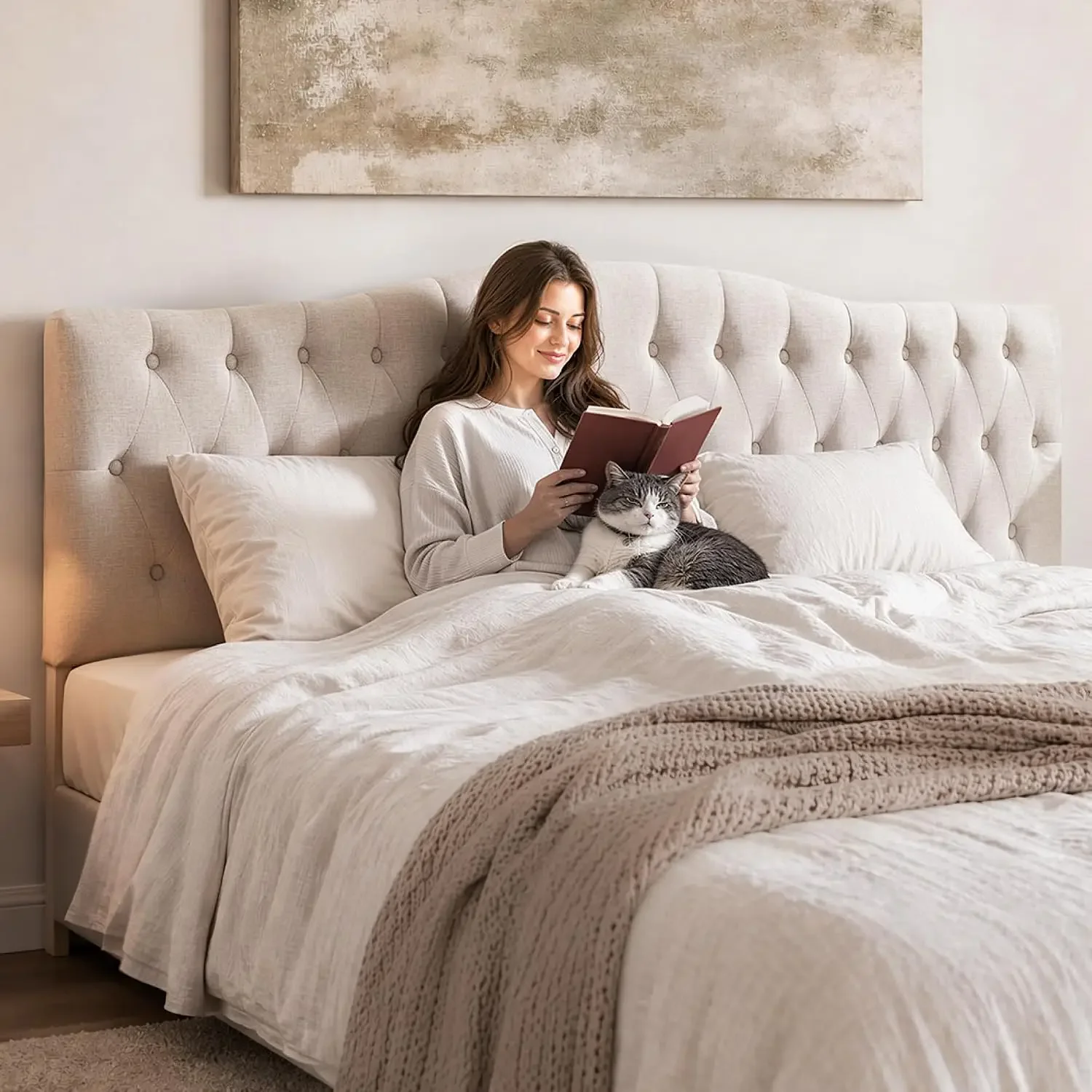 Upholstered Full Headboard, Button Diamond Tufted Headboard with Adjustable Height and Solid Wood Leg, Linen Fabric Padded
