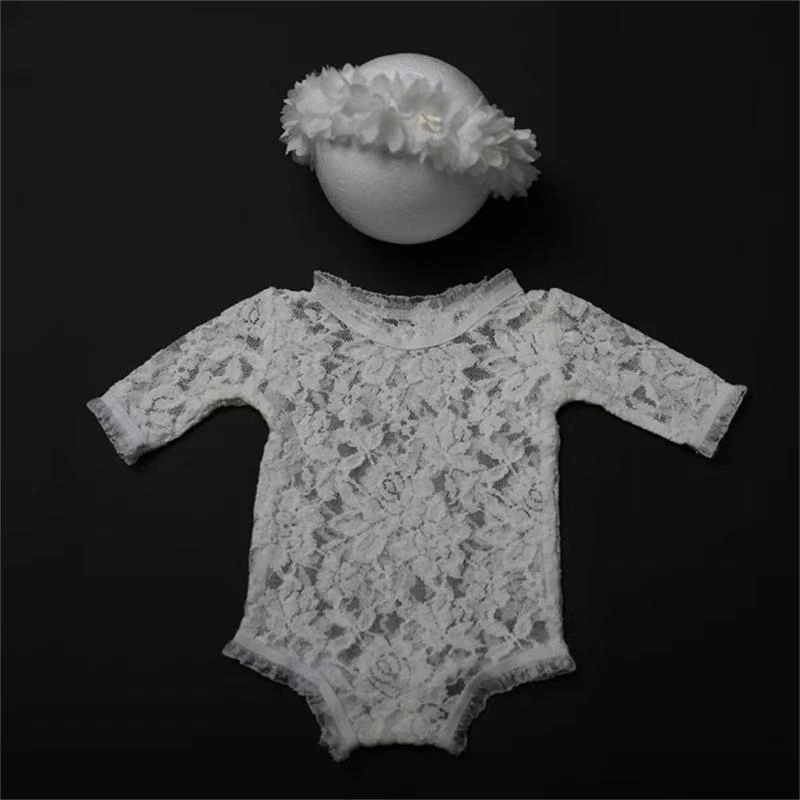 

J15U Baby Photography Props Lace Romper Flower Headband Newborn Monthly Photo Props