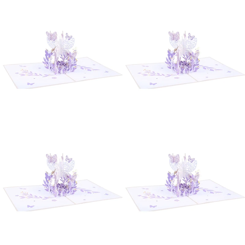 4X Purple Butterfly Birthday Popup Card, Butterfly Flower Basket 3D Greeting Cards For Women Girl Daughter, Mothers Day