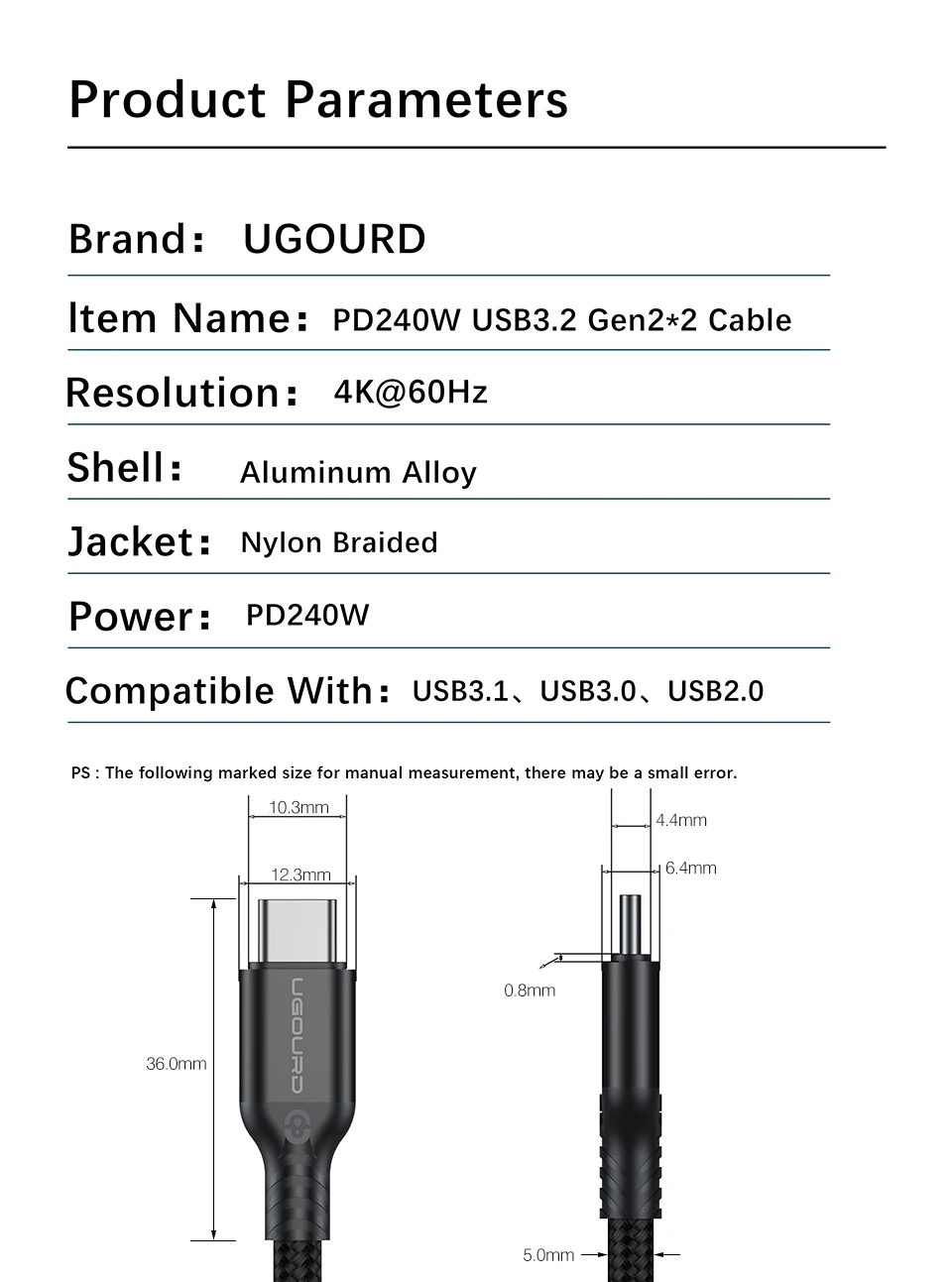 UGOURD USB3.2 20Gbps Typ-C zu Typ-C Kabel 240W Schnellladekabel USB-C SSD Festplattenkabel USB3 0,2m -3m 5m für MacBook iPad – Detail 11
