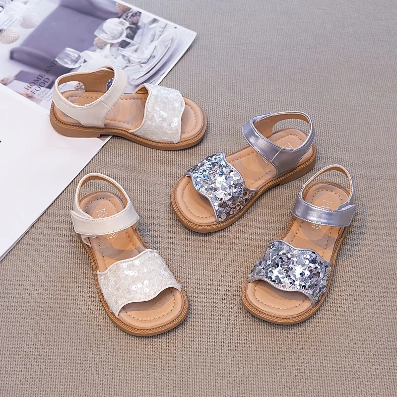 

Little Girls Sequins Sandals Summer New Open-toe Children Princess Shoes School Perform Non-slip Kids Fashion Beach Flat Sandals