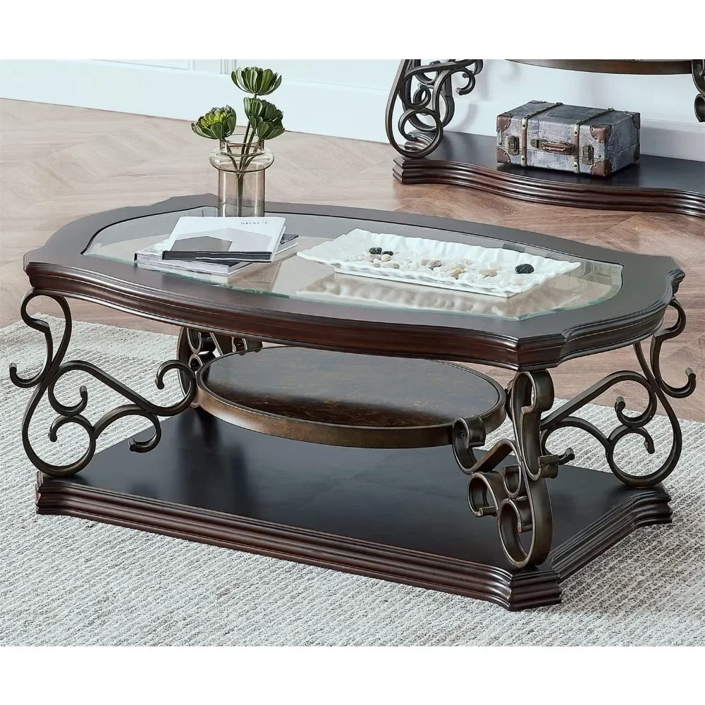 Modern coffee table, double layered brown retro wooden retro glass tabletop in living room, bedroom, office, coffee table