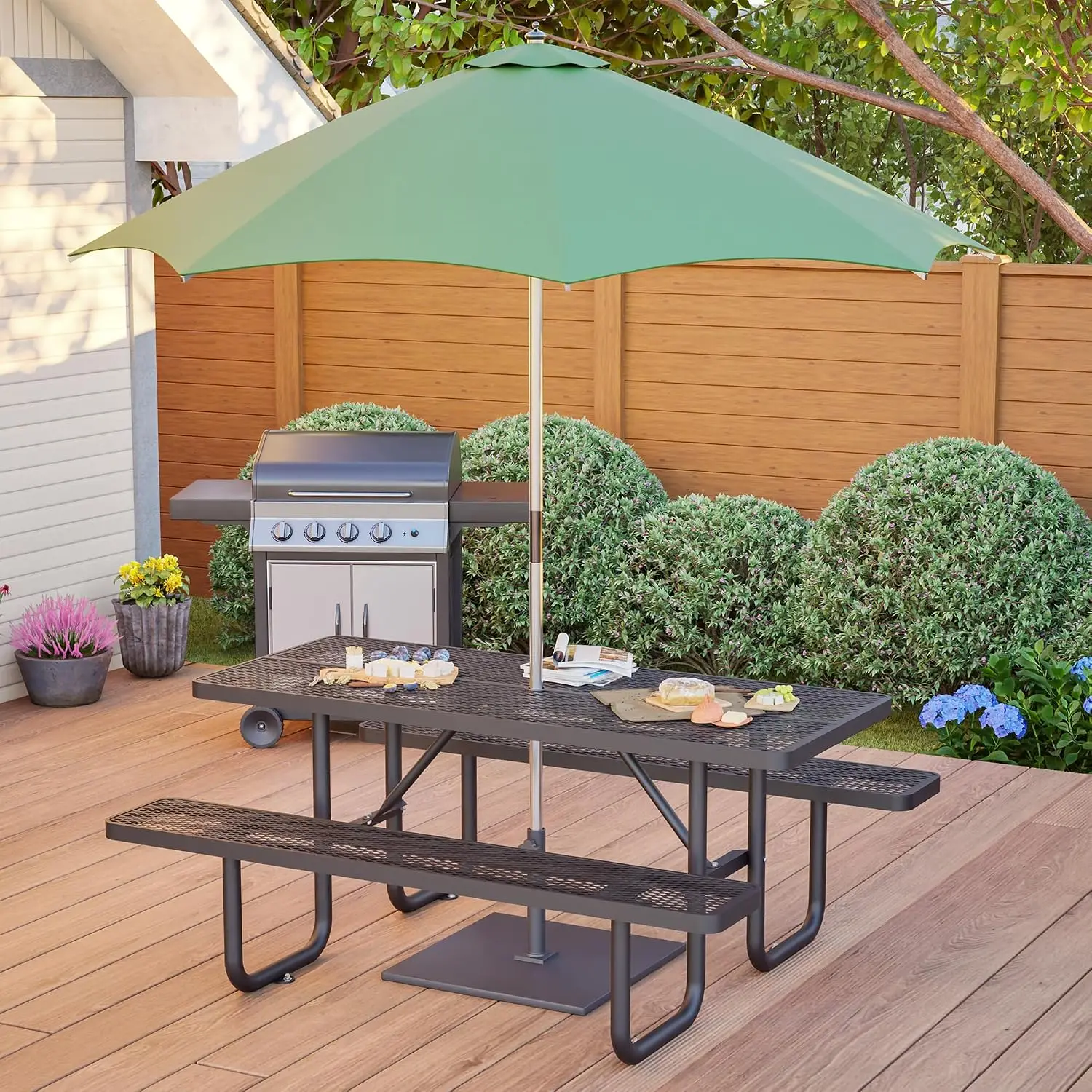 Heavy Duty Outdoor Expanded Metal Picnic Table,6/8-Person,Square/Round (Black, 72inch,Rectangular)