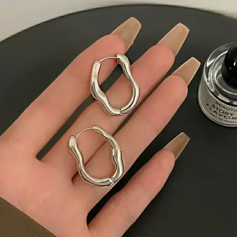 Vintage Irregular Wavy Hoop Earrings For Women New Trendy Geometry Round Circled Earring Minimalist Stainless Steel Jewelry Gift