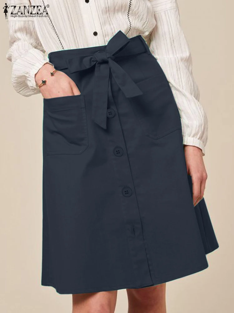 

ZANZEA Office Lady Button Up Knee-length Skirts High Waist Solid Commute Women Faldas Belted Fashion Elegant A-line Skirt Jupes