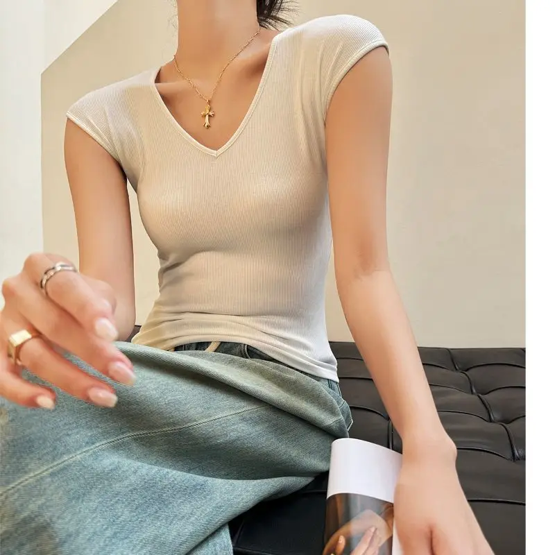 V-neck Vest for Women Shoulder Straight Slim Fit Simple Elegant Pullover Thread Fashion Comfortable Base Shirt Streetwear Tees