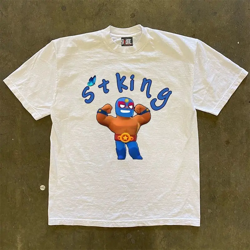 

100_ Летняя американская новая мужская и женская футболка с короткими рукавами из чистого хлопка с принтом «Сильный воин» в стиле ретро