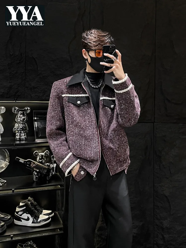 Spring Mens Zipper Spliced Contrasting Colors Jacket Fashion Casual Short Jackets Turndown Collar Long Sleeve Outerwear Male