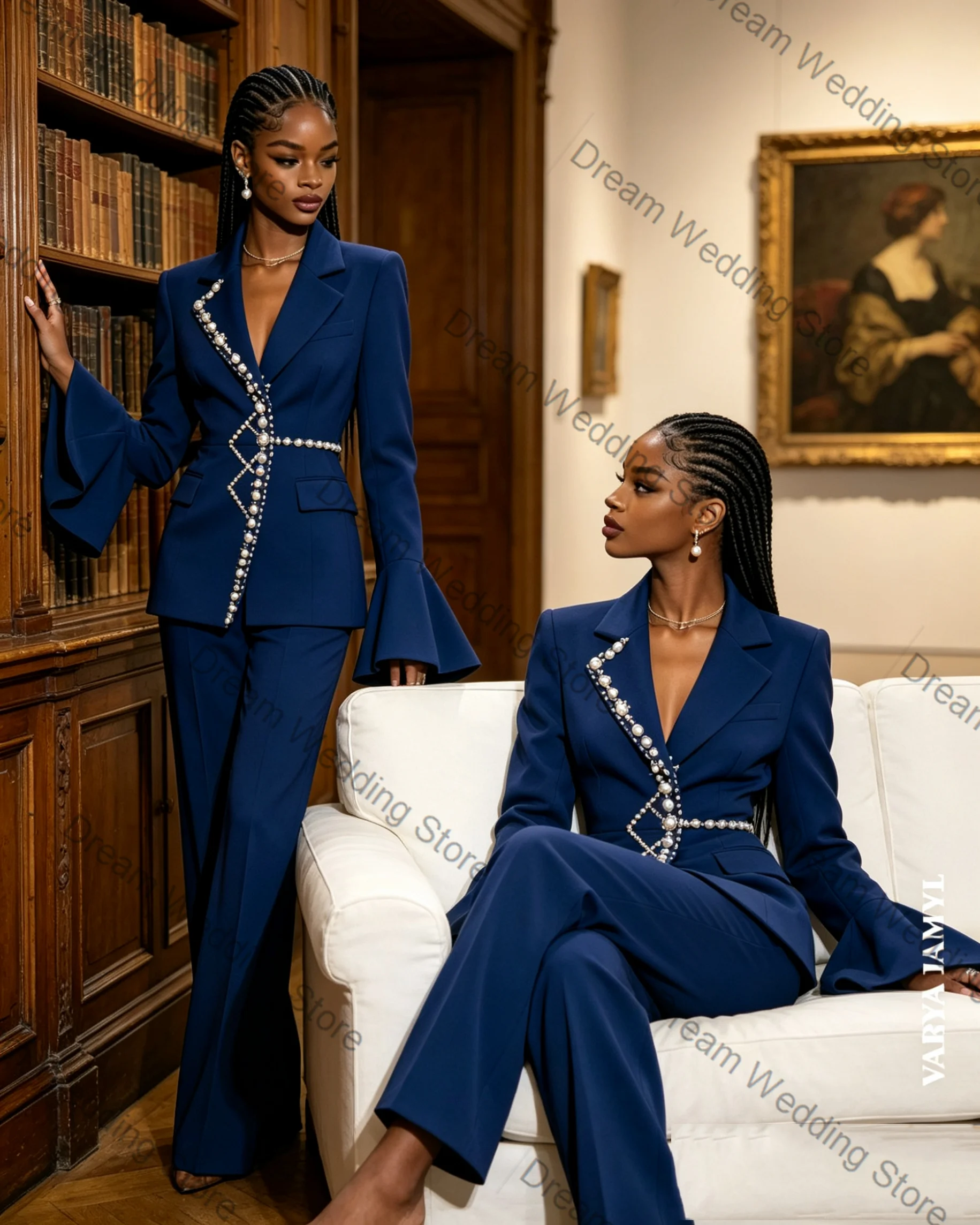 Blue Wedding Women Suit Set 2 Pcs Blazer+Pants Trousers Pearls Luxury Formal Office Lady Jacket Customized Wedding Guest Coat
