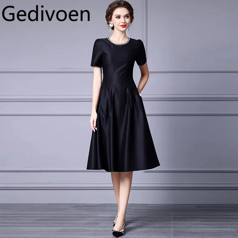 

Gedivoen Summer Fashion Runway Designer Dress Women Vintage Solid Color Heavy Diamond Beading Temperament Medium Length Dresses