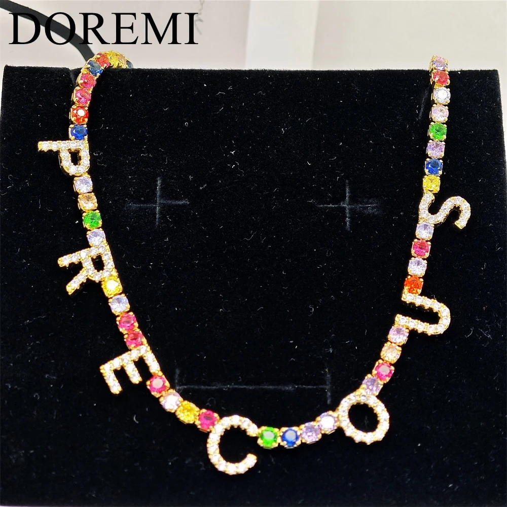 DOREMI 9mm Crystal Letter Women Necklace Coloful Zircon Tennis Chain 3mm Color Zircon Chain Name Necklace for Girls Gift Jewelry