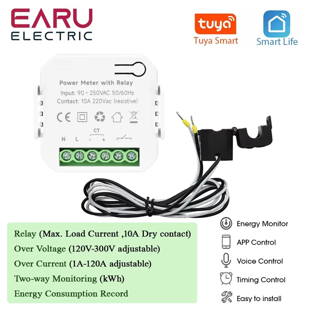 Tuya App Smart Two-way Bilateral WiFi Power Meter with Relay AC110V 220V with Clamp CT KWh Power Electricity Consumption Monitor