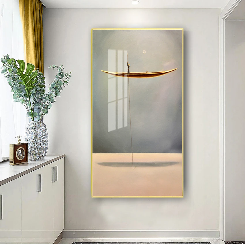 Print Nordic Wall Art Picture Living Room Decor Golden Boat Abstract Canvas Painting Minimalist Landscape Artwork Poster