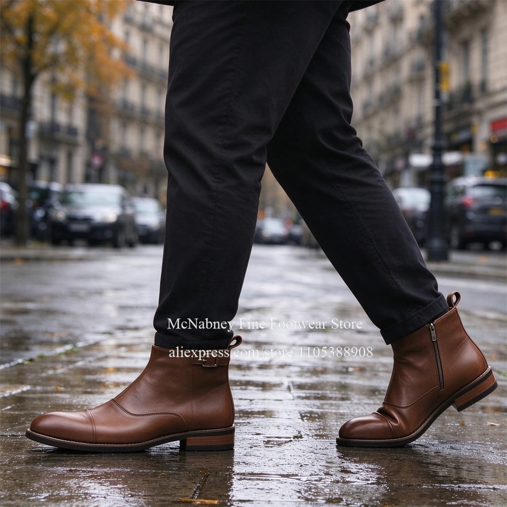 Cap Toe Buckle Strap Mens Ankle Boots Round Toe Side Zipper Low Block Heel Handmade British Fashion Short Boots Autumn Business