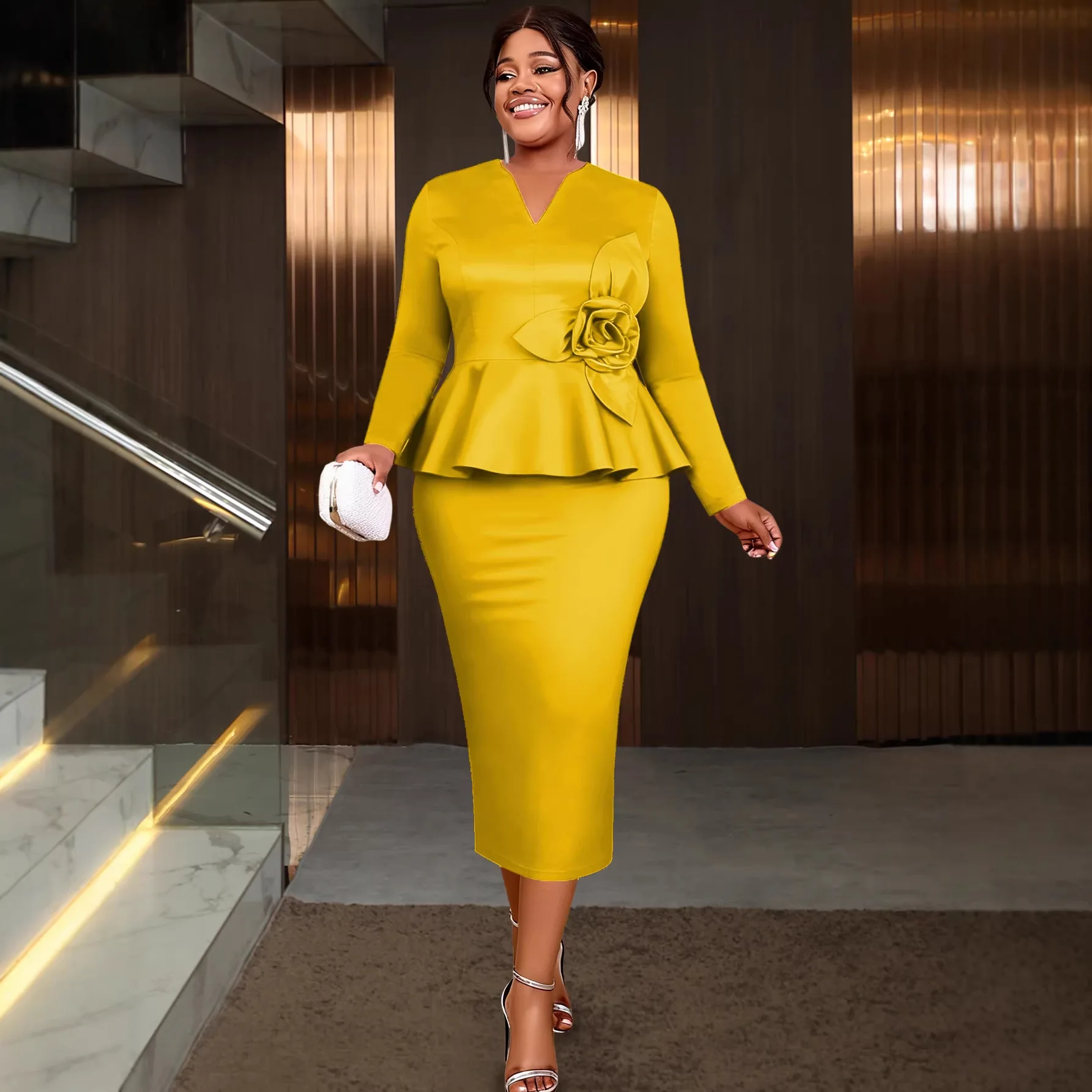 Dashiki African Dresses for Women Elegant Spring Plus Size African Long Sleeve V-neck Polyester Party Evening Bodycon Dresses