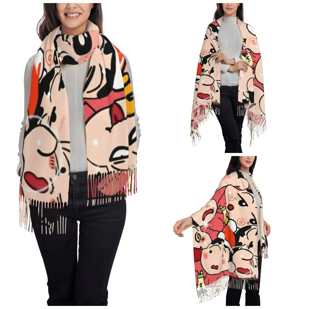 Womens Scarf with Tassel Crayon Shin-chan Merry Christmas Long Winter Warm Shawl and Wrap Japan Anime Daily Wear Cashmere Scarf