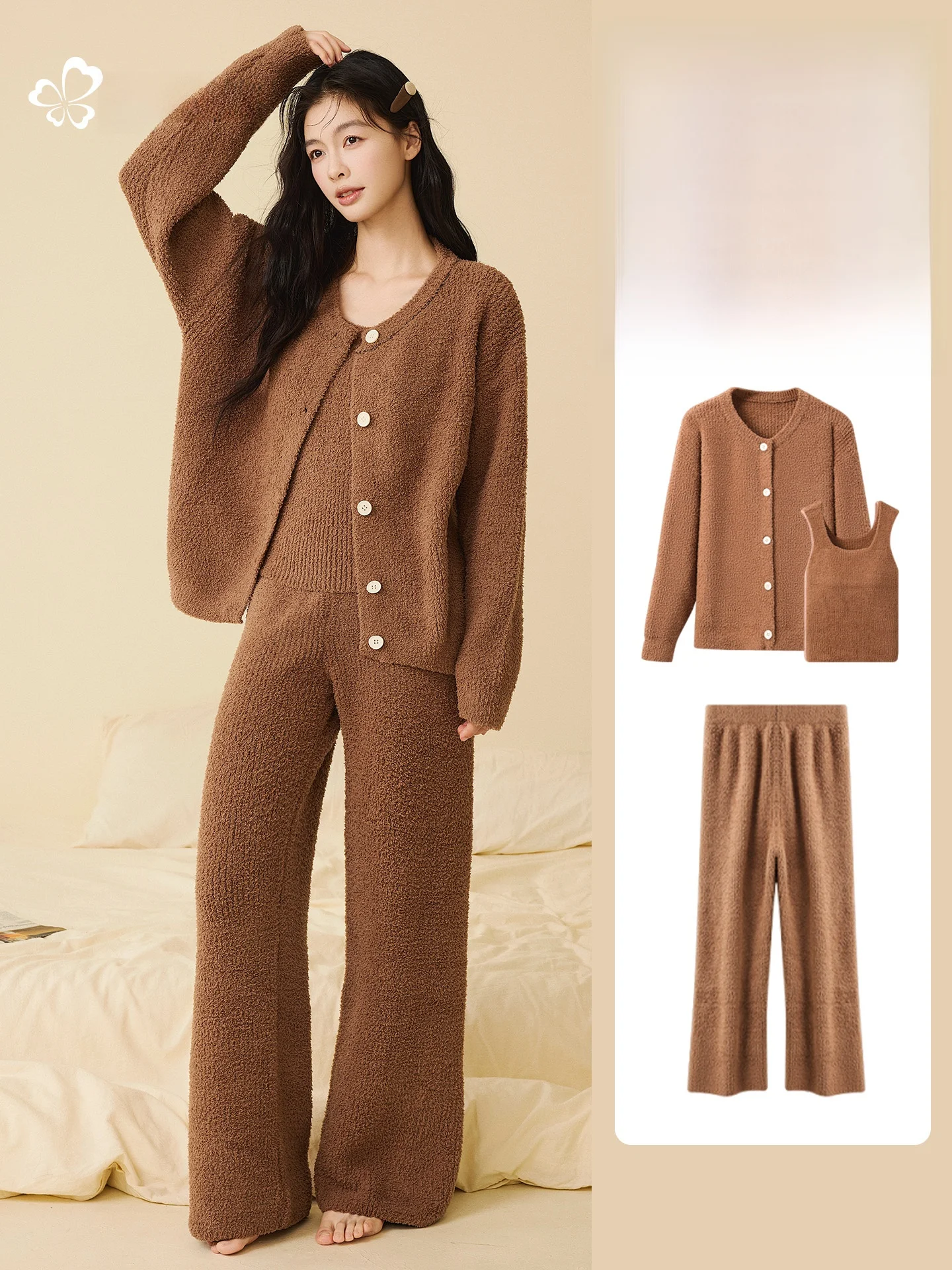 Winter Sleepwear Set for Women Thickened Half Flocking Home Clothes Lazy Style Long Sleeve Long Pants Ultra Soft Velvet Fabric