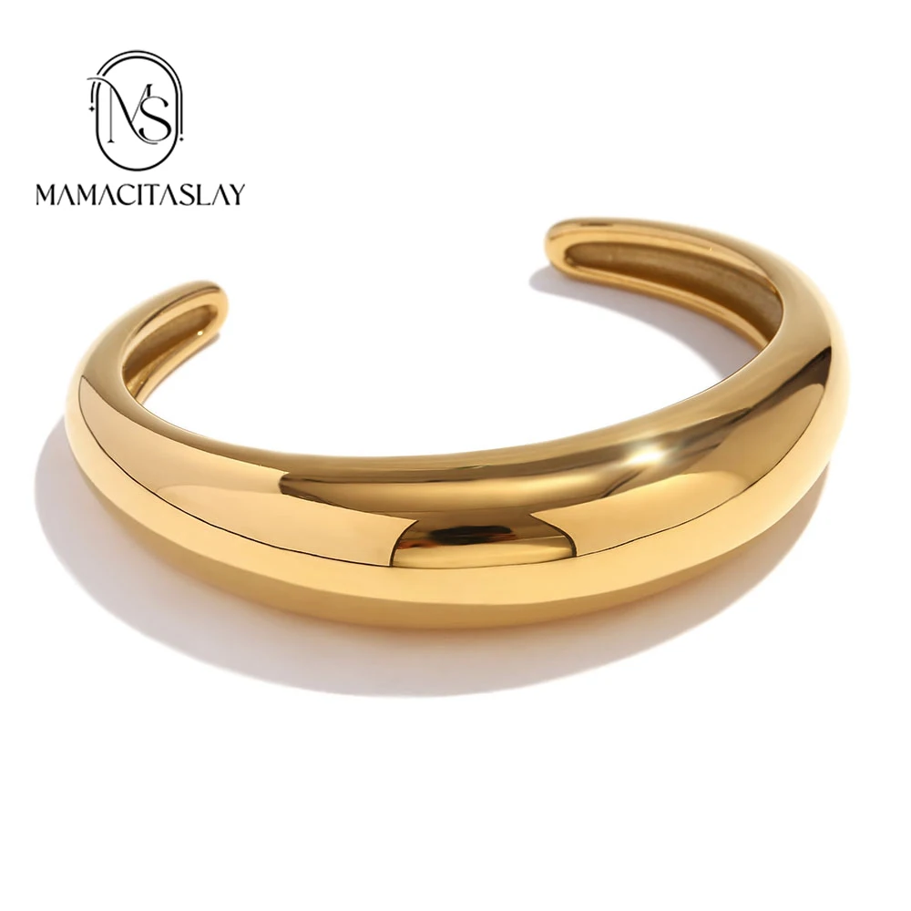 MamacitaSlay Minimalist smooth middle curved watch shape opening stainless steel bracelets woman 2024 18K gold plated jewelry