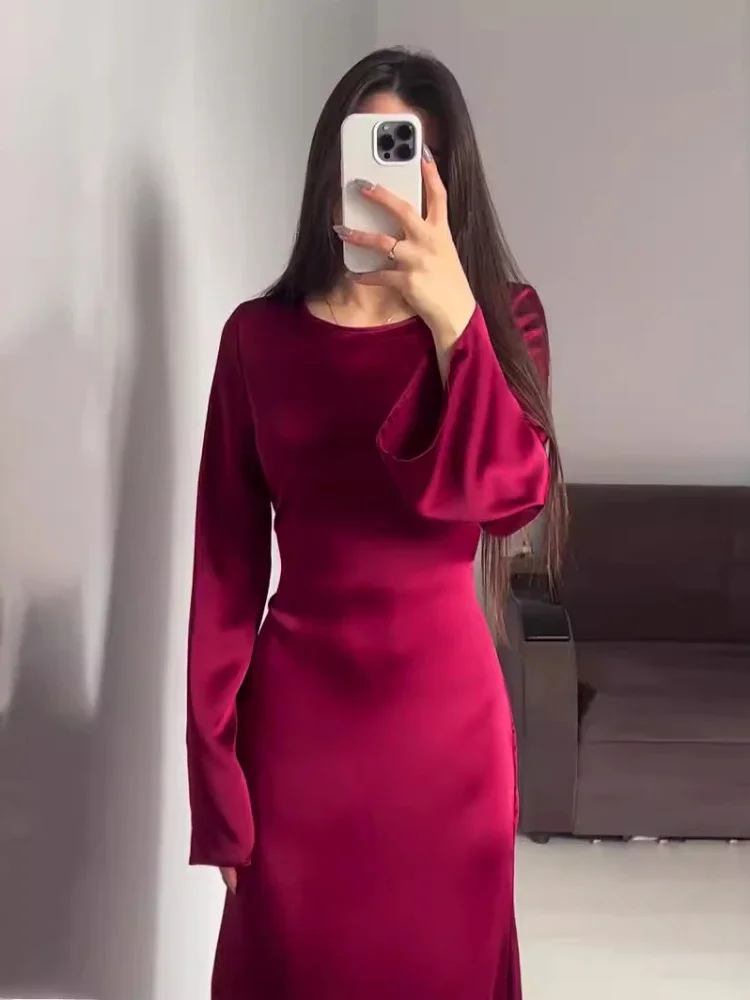 Vestido de satén de cintura alta para mujer, maxivestido elegante de manga acampanada, con cordones, ajustado, para banquete, sirena, otoño