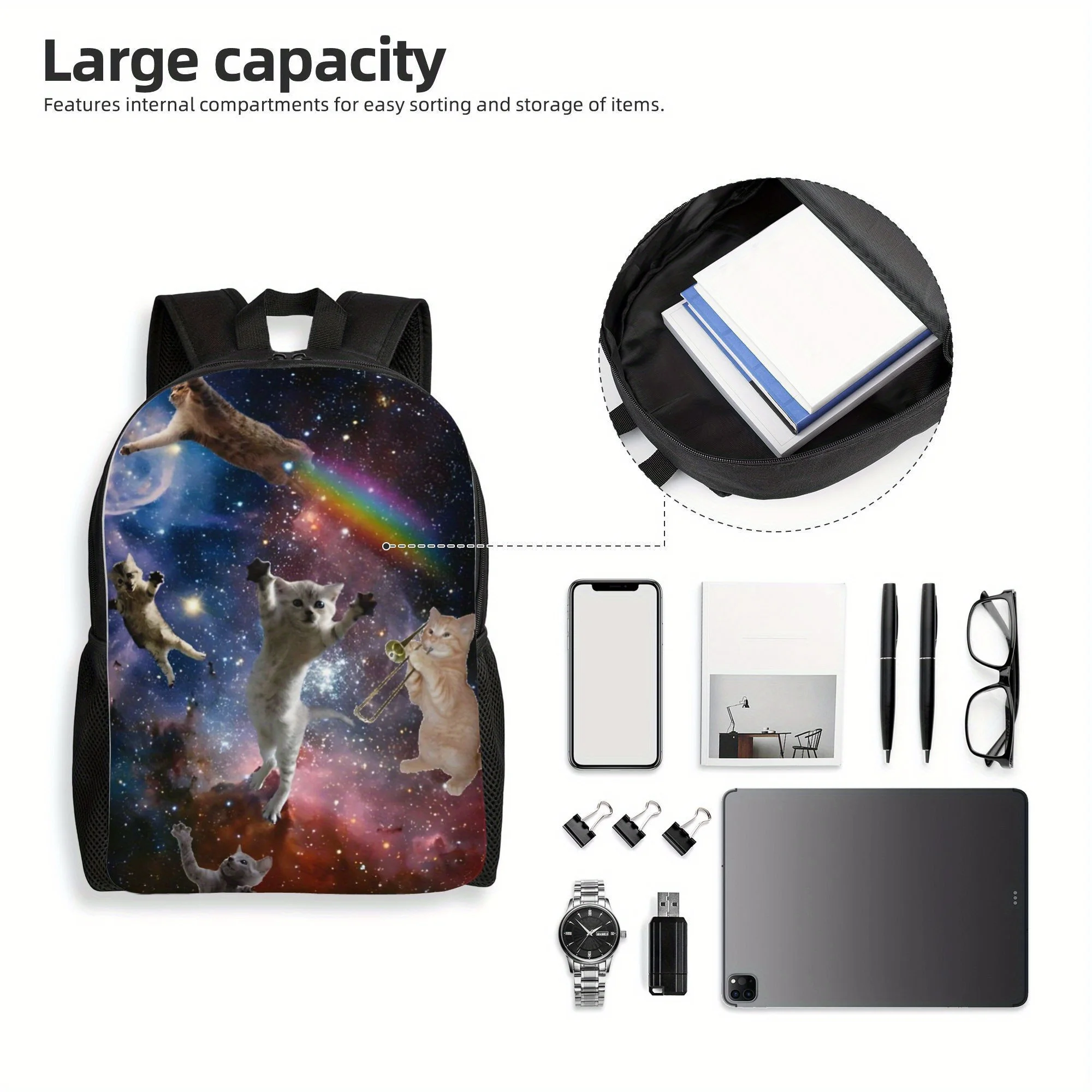 1pc Meow Space Galaxy Cartoon Backpacks,  School Bag, Gift for Men Business, and Outdoor Adventures, Black Straps, Hand Washable