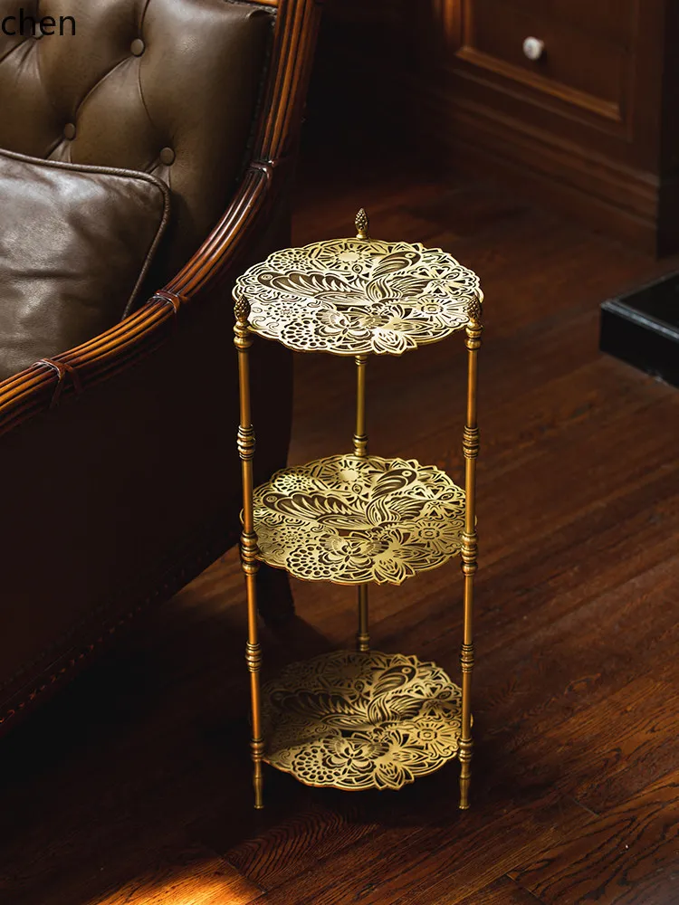 ZML Carved Storage Rack Living Room Side Table Vintage Flower Rack Three-Layer Hollow Storage Rack Side Table