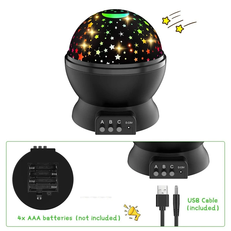 Lua rotativa e estrela noite luz projetor, luz do quarto das crianças, presentes de festa e aniversário, preto