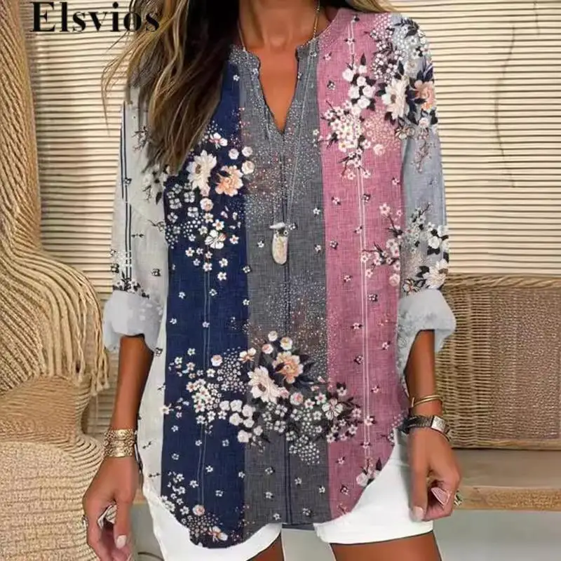 

Women Casual Long Sleeve Blouse Top Vintage Spring Fashion Loose Pattern Print Office Lady Pullover All Match Female V-neck Tops