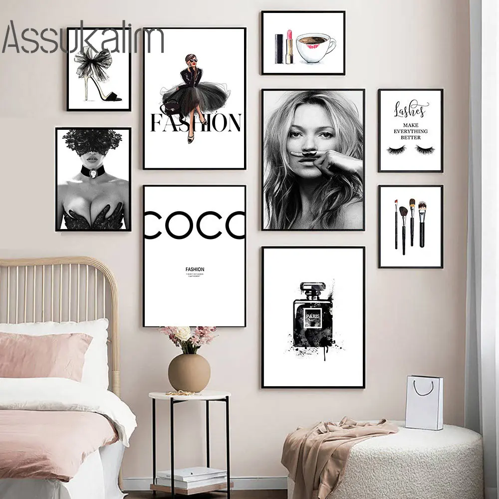 Black and White Wall Art Perfume Fashion Girls Wall Art Makeup Lipstick Wall Paintings Art Prints Nordic Poster Bedroom Decor