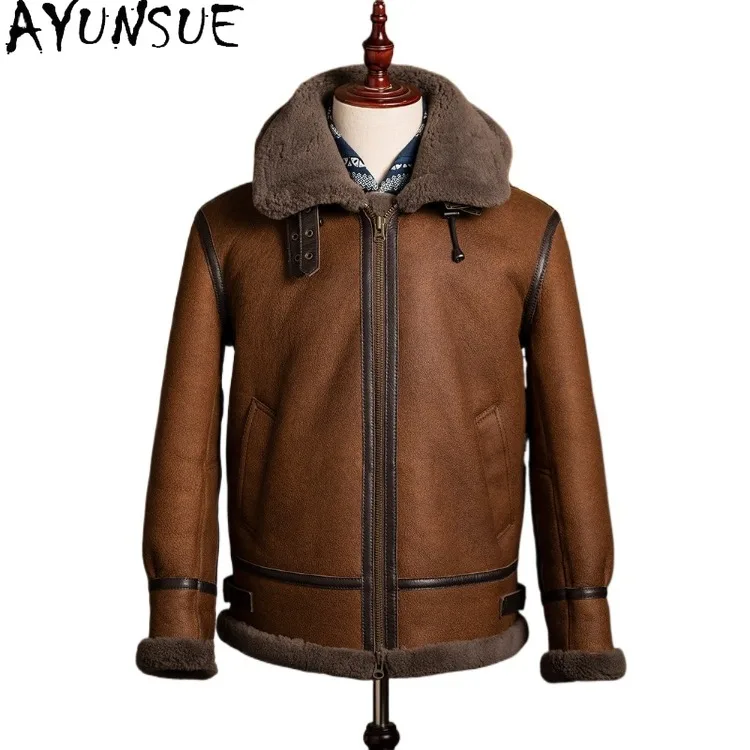 AYUNSUE Hooded Natural Sheepskin Shearling Coats for Man Winter Classic Warm 100% Real Fur Coat Retro Genuine Leather Jacket Men