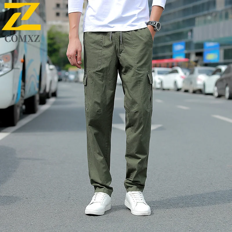 

Travel Camping Trousers Men Autumn Casual Solid Color Pocket Cargo Pants Loose Wide Leg Straight Elastic High Waisted Pantalones