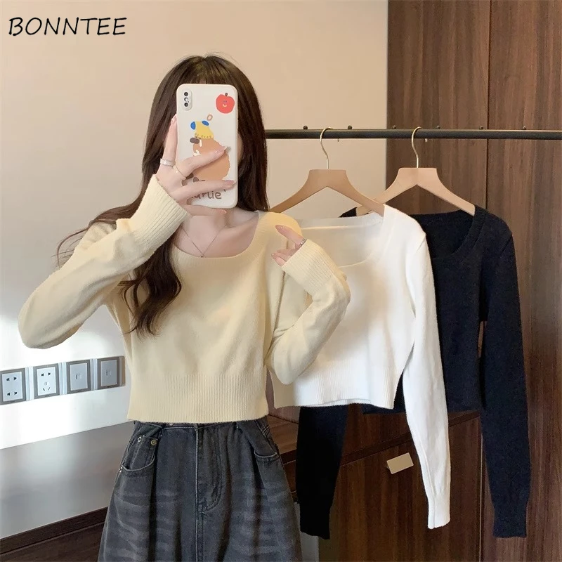 

Pullovers Women Square Collar Ins Korean Fashion Cropped Inner Long Sleeve Solid Simple Sweet Spicy Girls All-match Harajuku