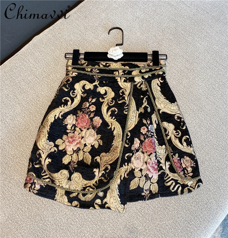 2023 Women's Retro Elegant A-line Skirt Flower Embroidery High Waist Slim Above Knee Women Mini Skirt Fashion Vintage Clothes