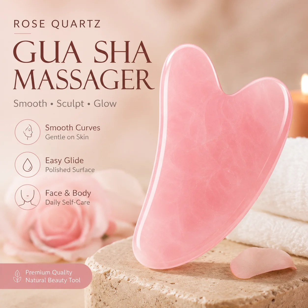 Rose Quartz Gua Sha Tool, Heart Shaped Facial Massage Tool for Face & Body, Smooth Stone Scraping Board, Beauty Skin Care Tool for Daily Self Care