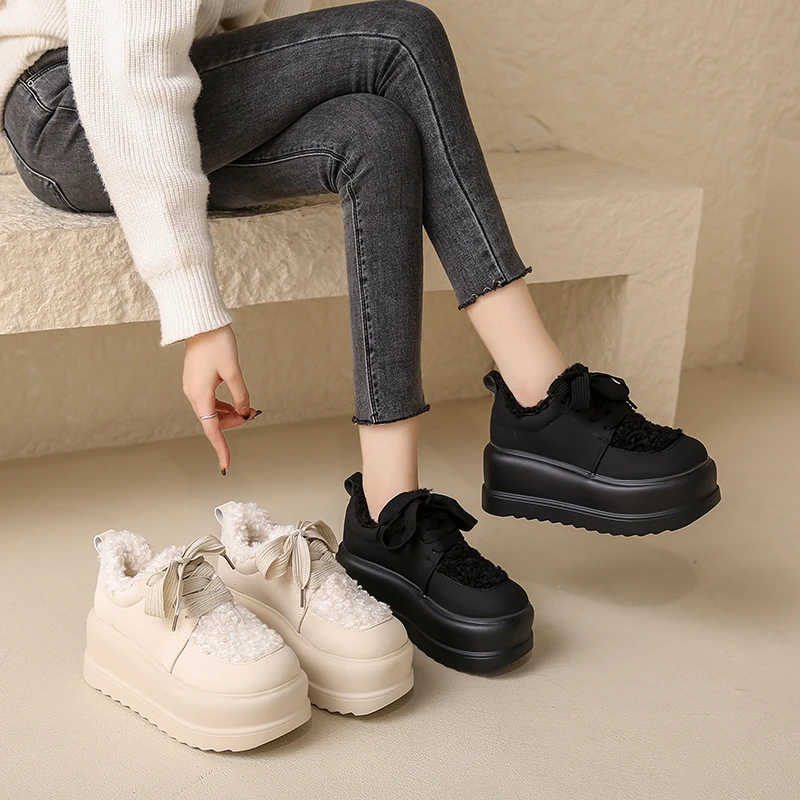 New Winter Warm Casual Leather Shoes 7.5CM Heels Women High Platform Fur Sneakers Thick Sole Plush Sport Dad Shoes Zapatos Mujer